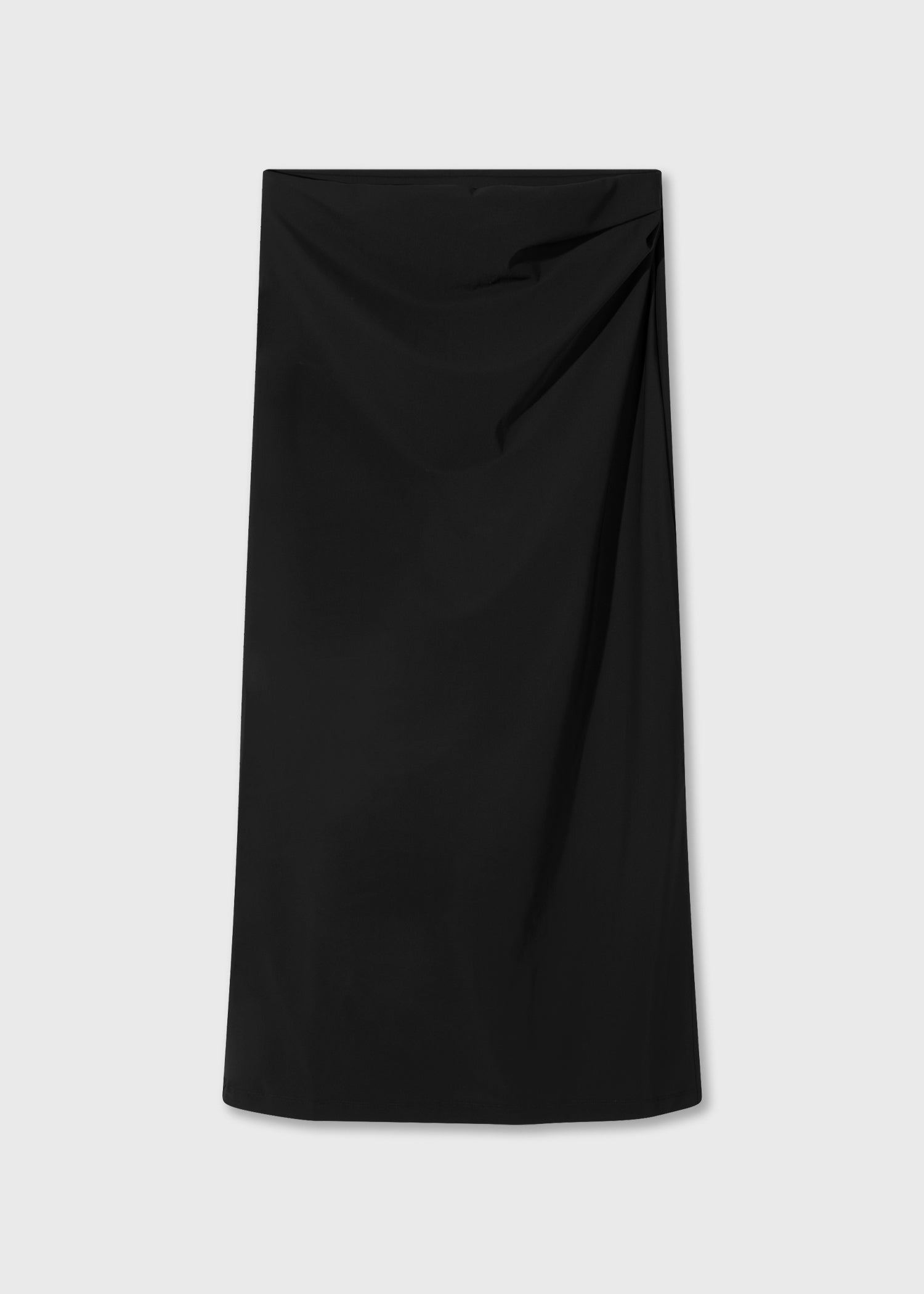 A black midi skirt with a draped, gathered waist design.