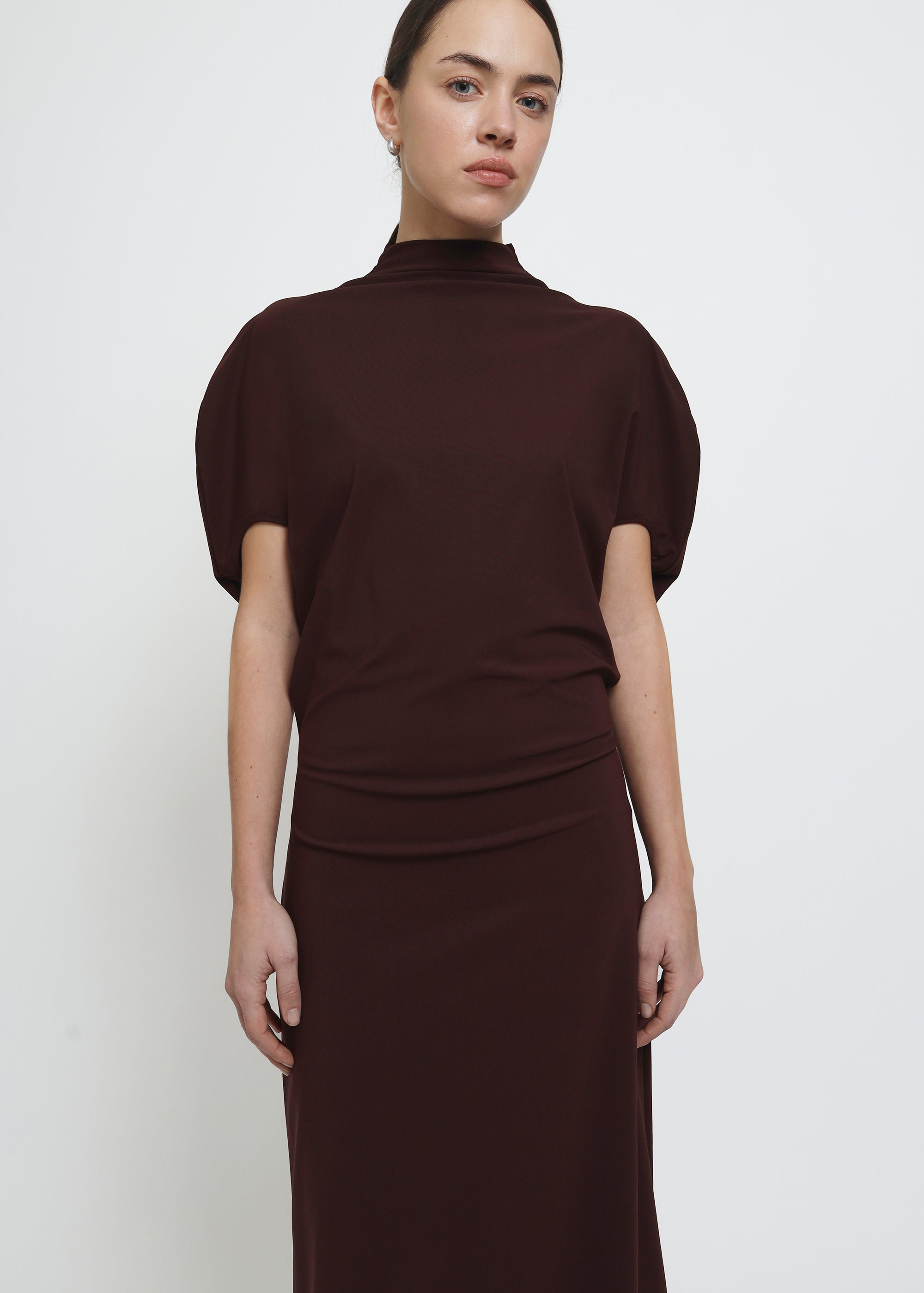 A dark brown red mock-neck dress with short puff sleeves.
