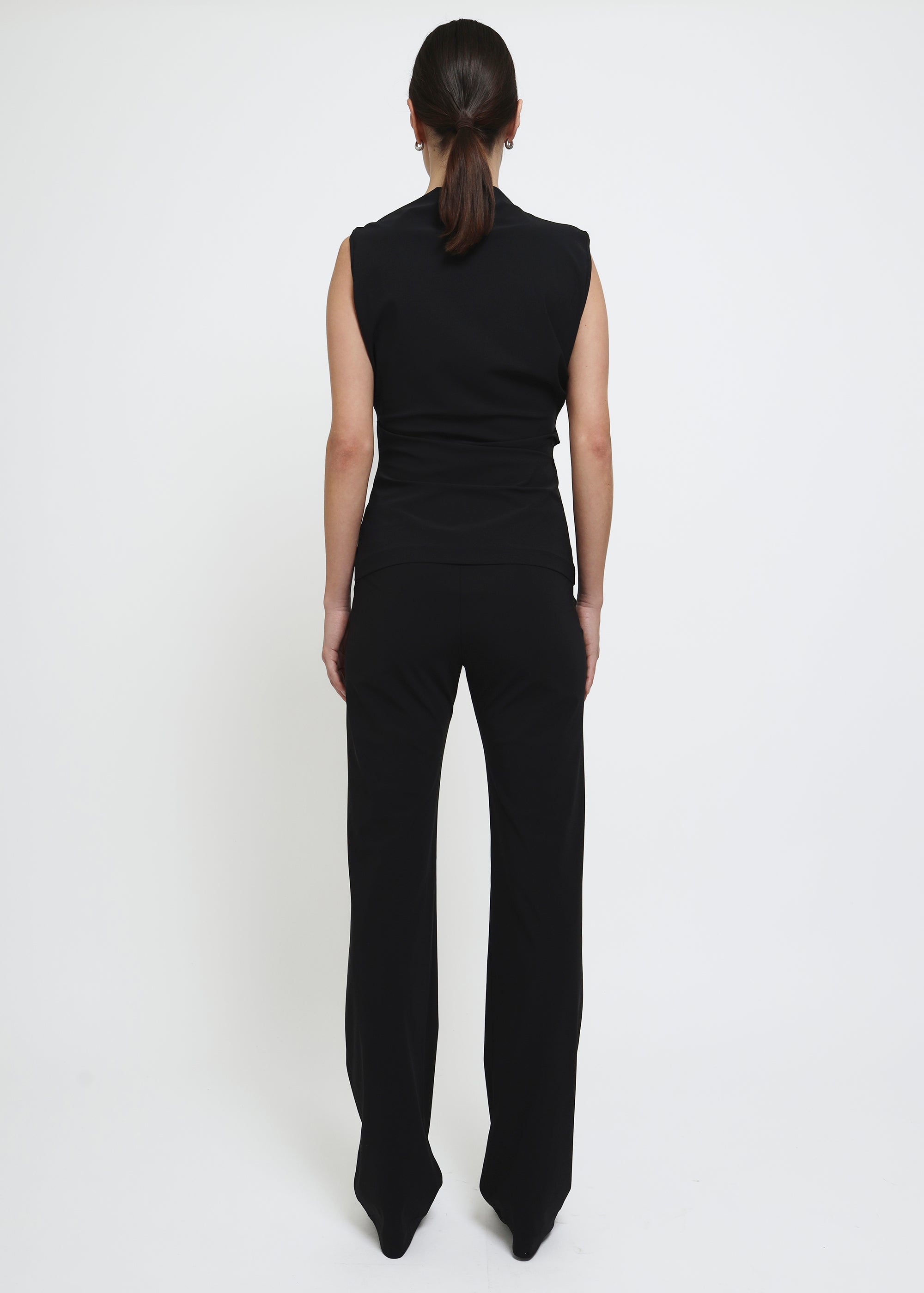 Black straight-leg pull on polyamide pants.