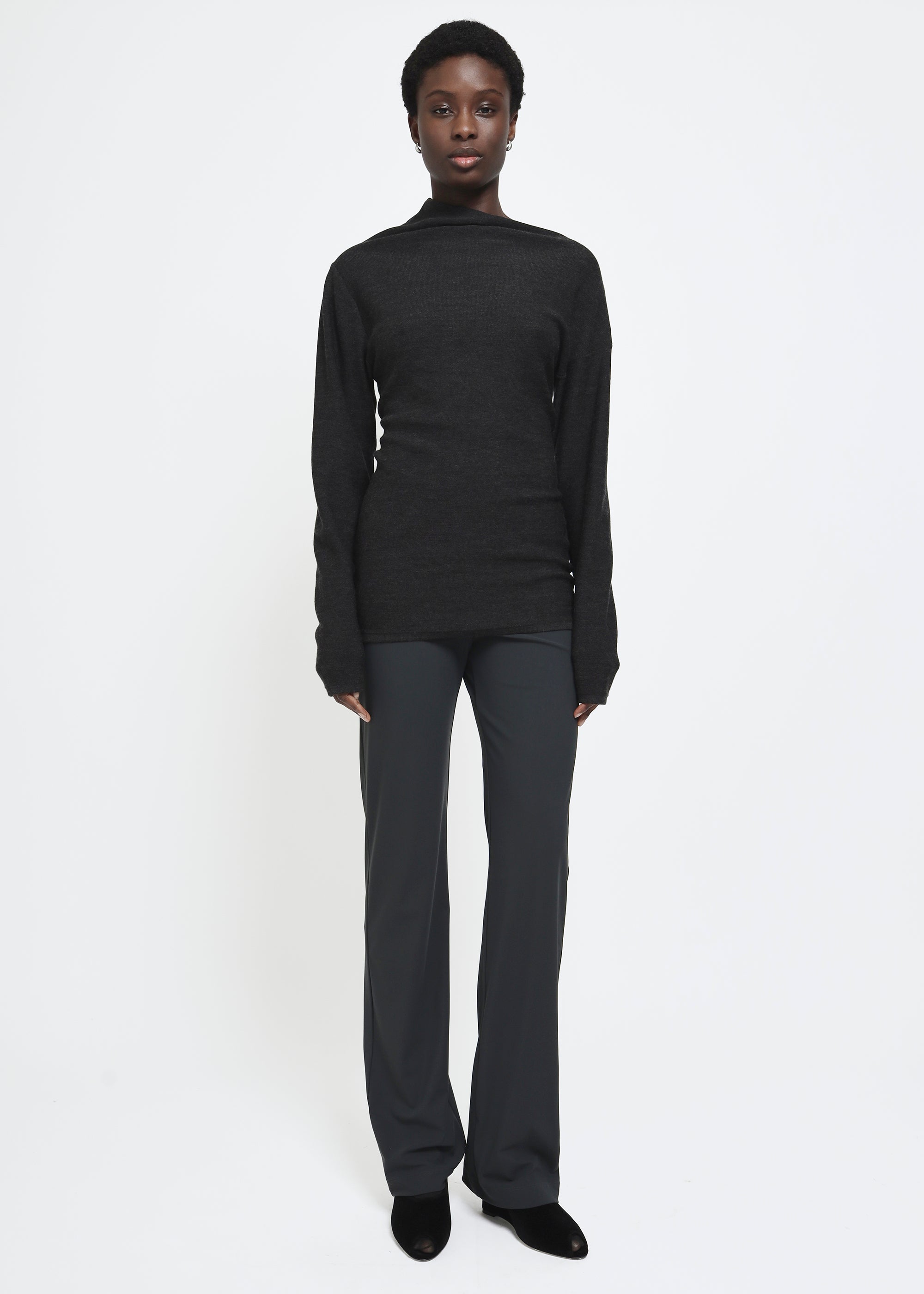 Dark gray straight-leg pull on polyamide pants.