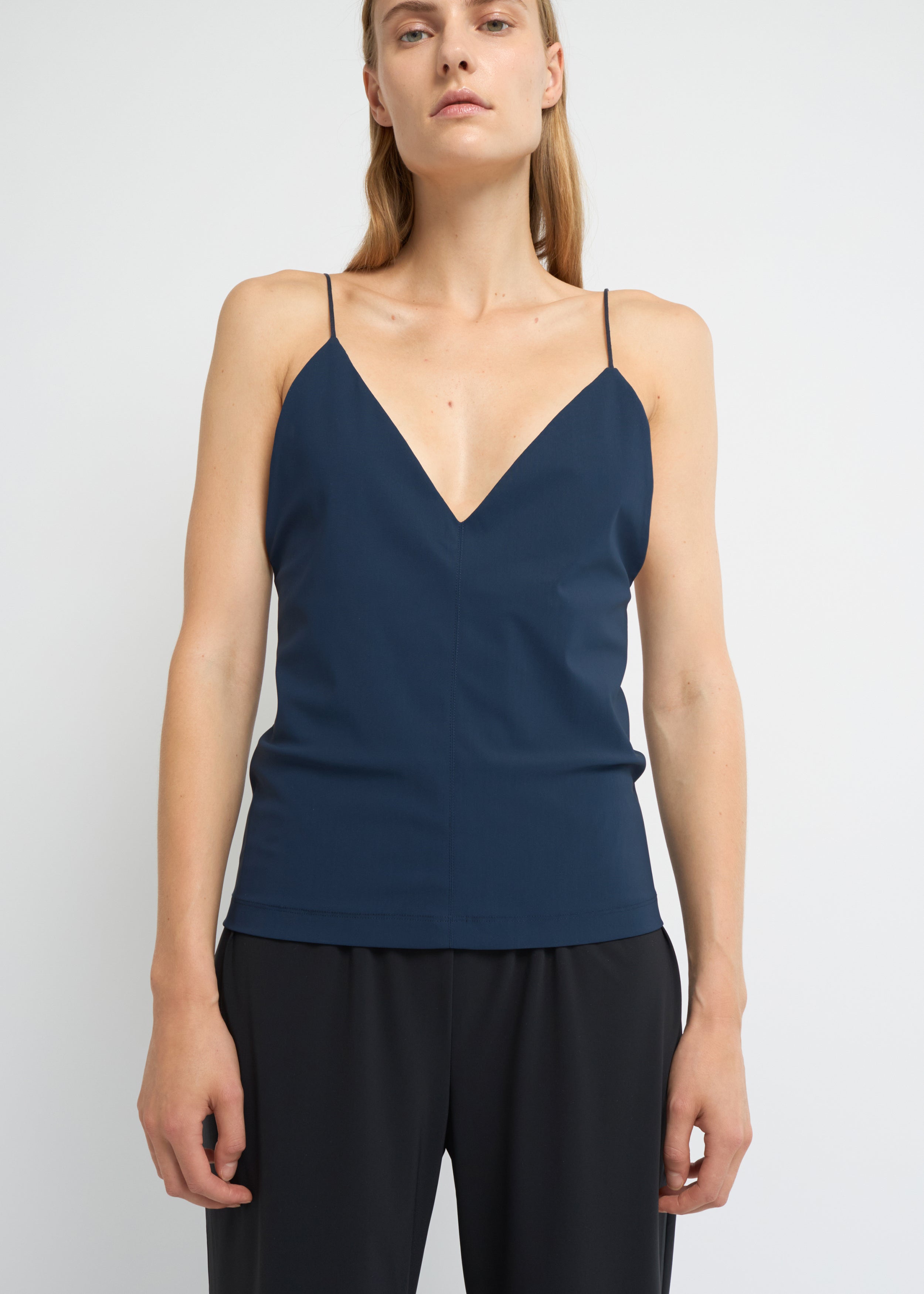 Ink slim camisole top with a V-neckline, fine straps and open back