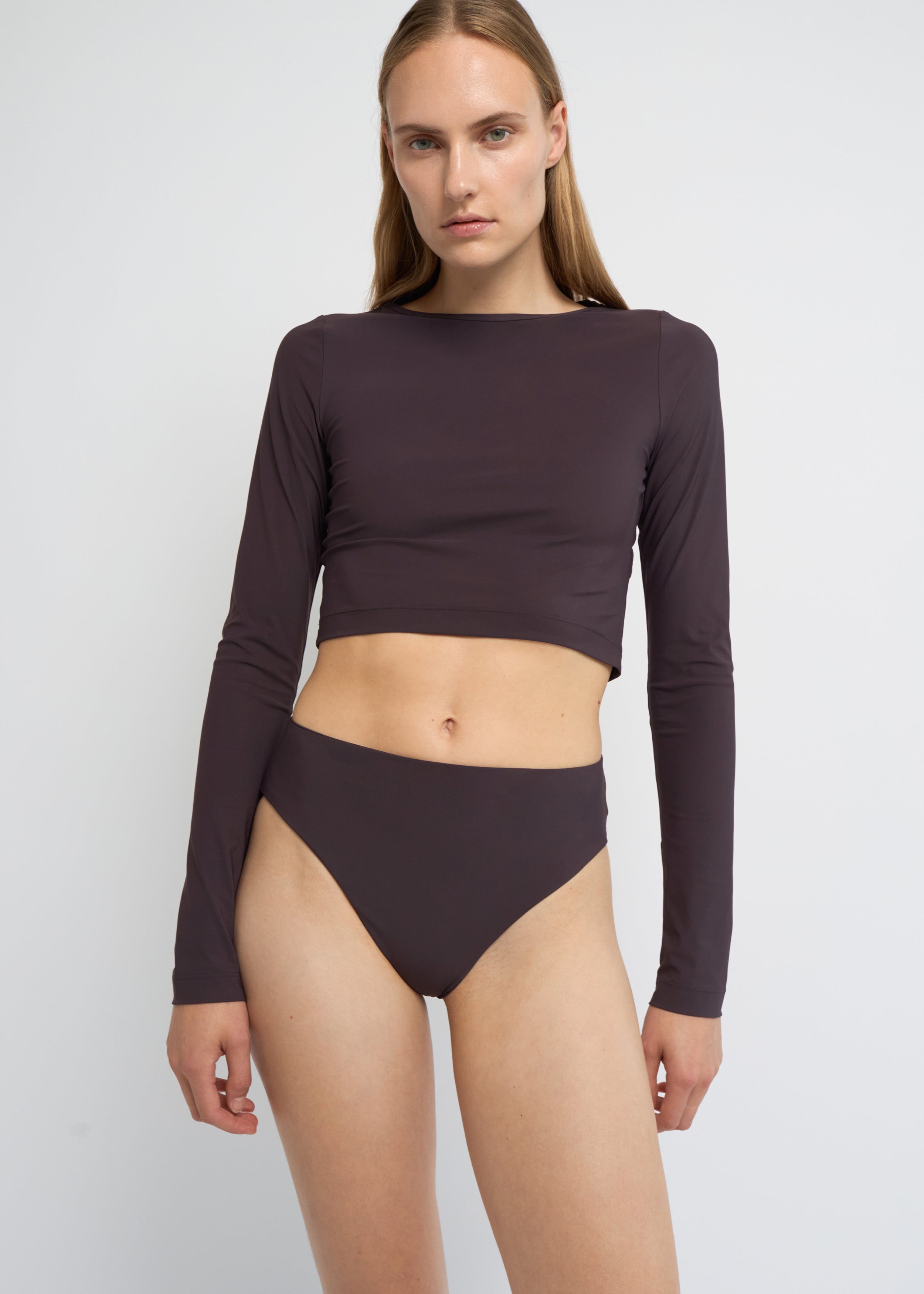 Fig cropped long-sleeve top with a boat neckline and fitted silhouette