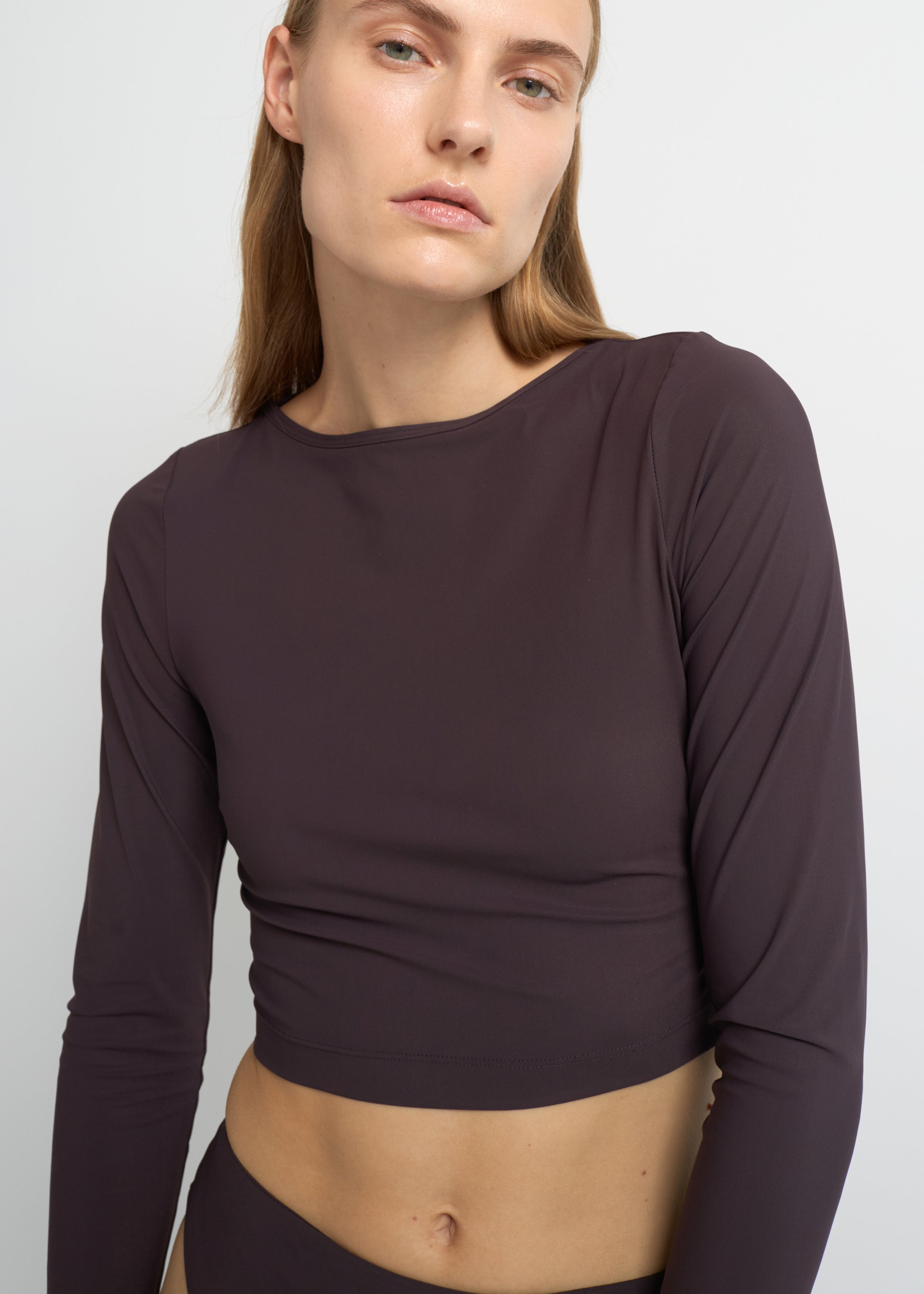Fig cropped long-sleeve top with a boat neckline and fitted silhouette