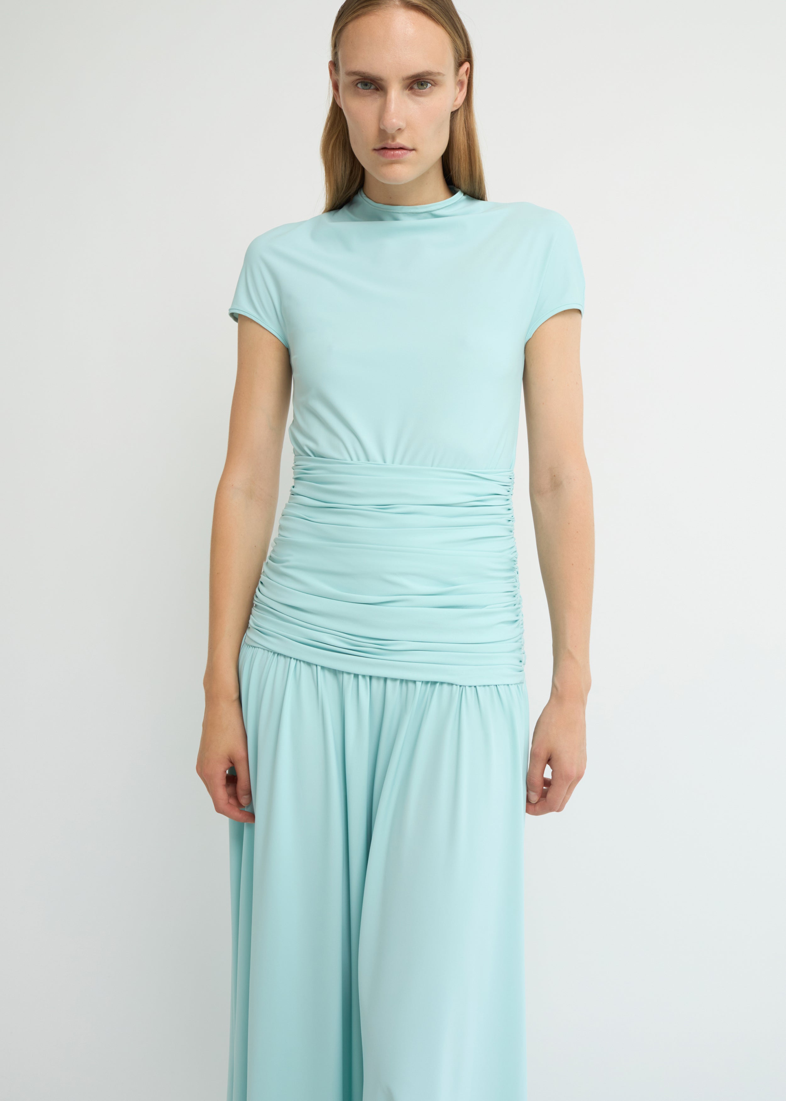 Sky ankle-length dress with cap sleeves, high neckline and softly gathered waist