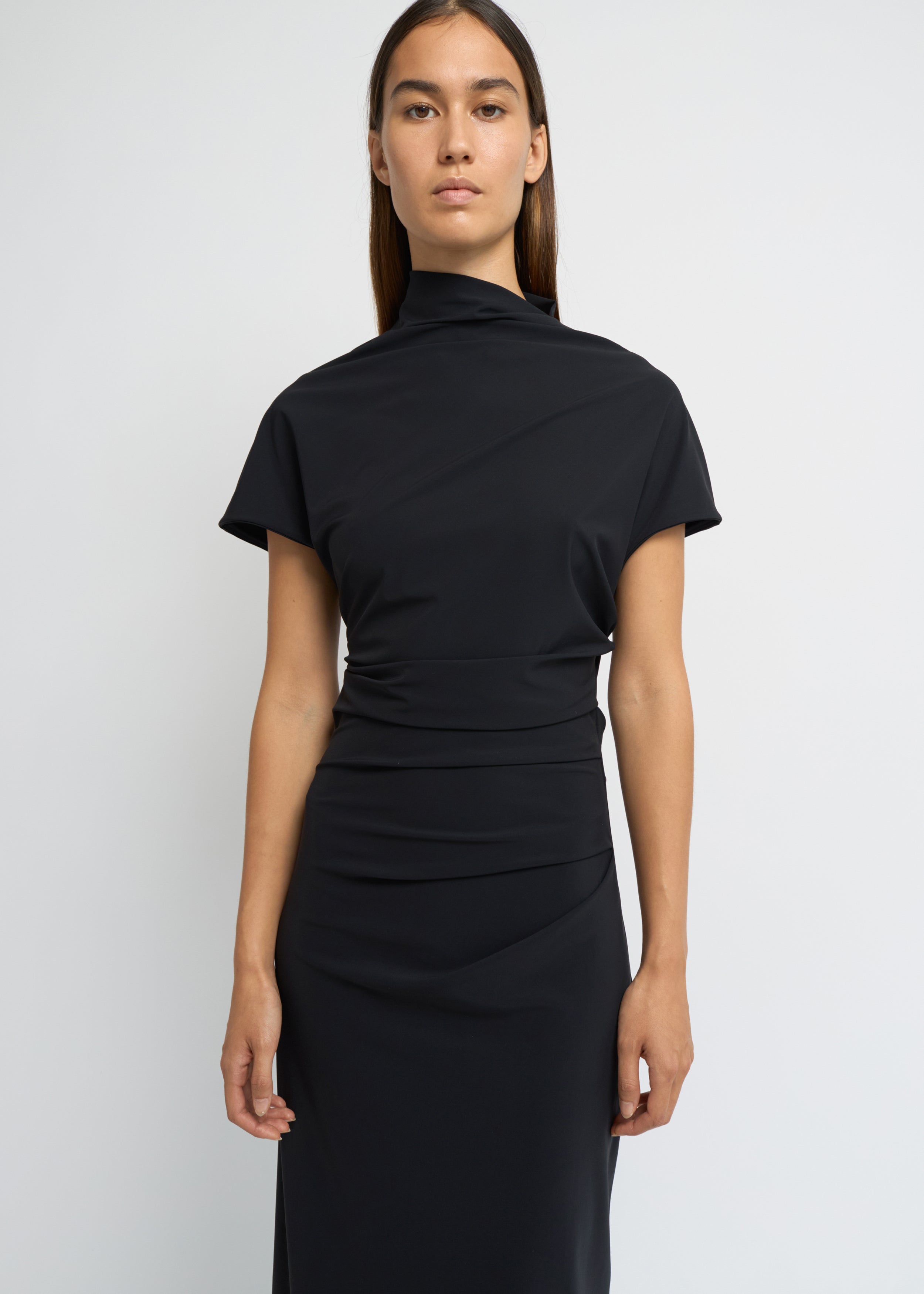 Black cap-sleeve ankle-length dress with a high mock neckline and soft waist folds