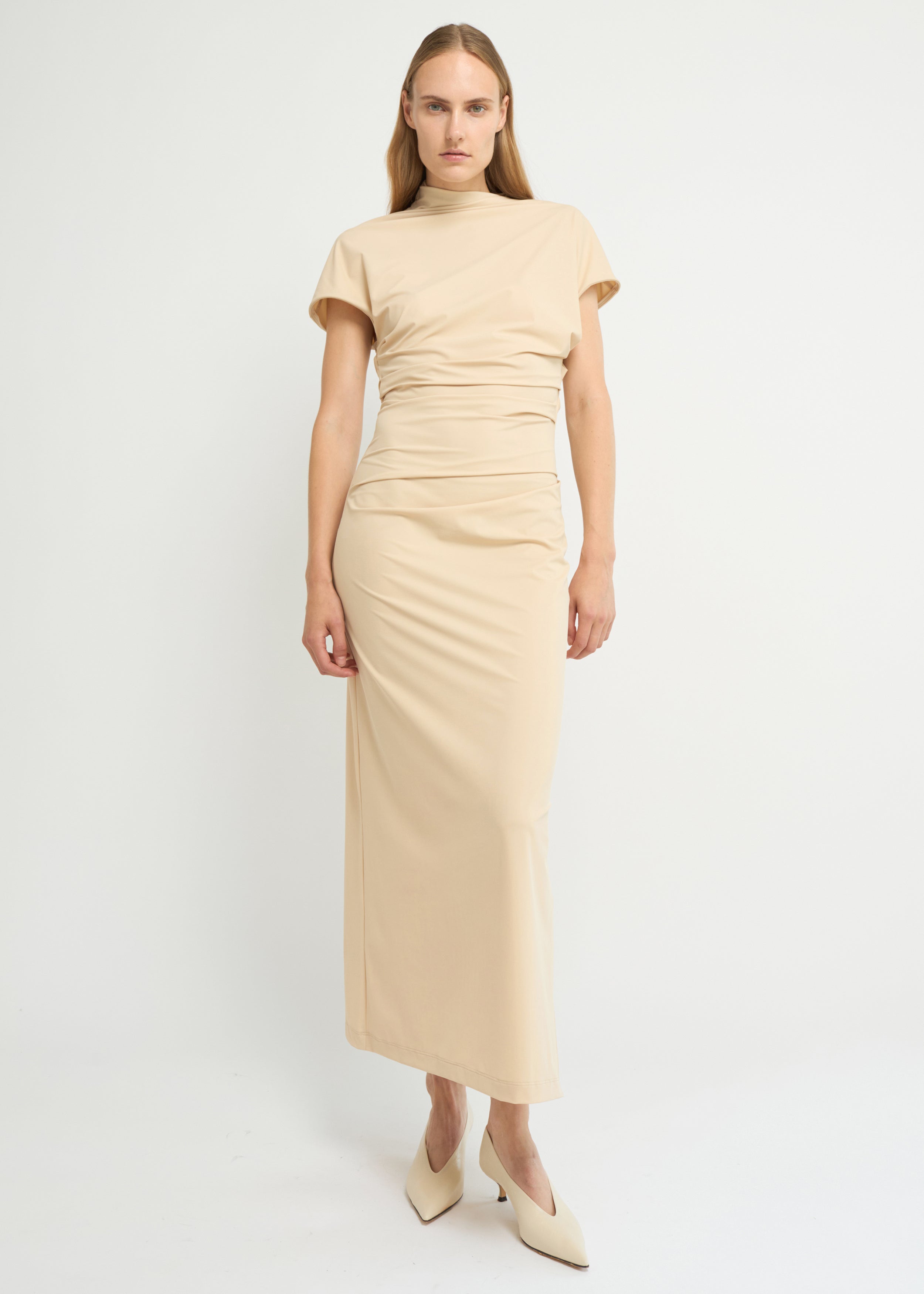 Sand cap-sleeve ankle-length dress with a high mock neckline and soft waist folds