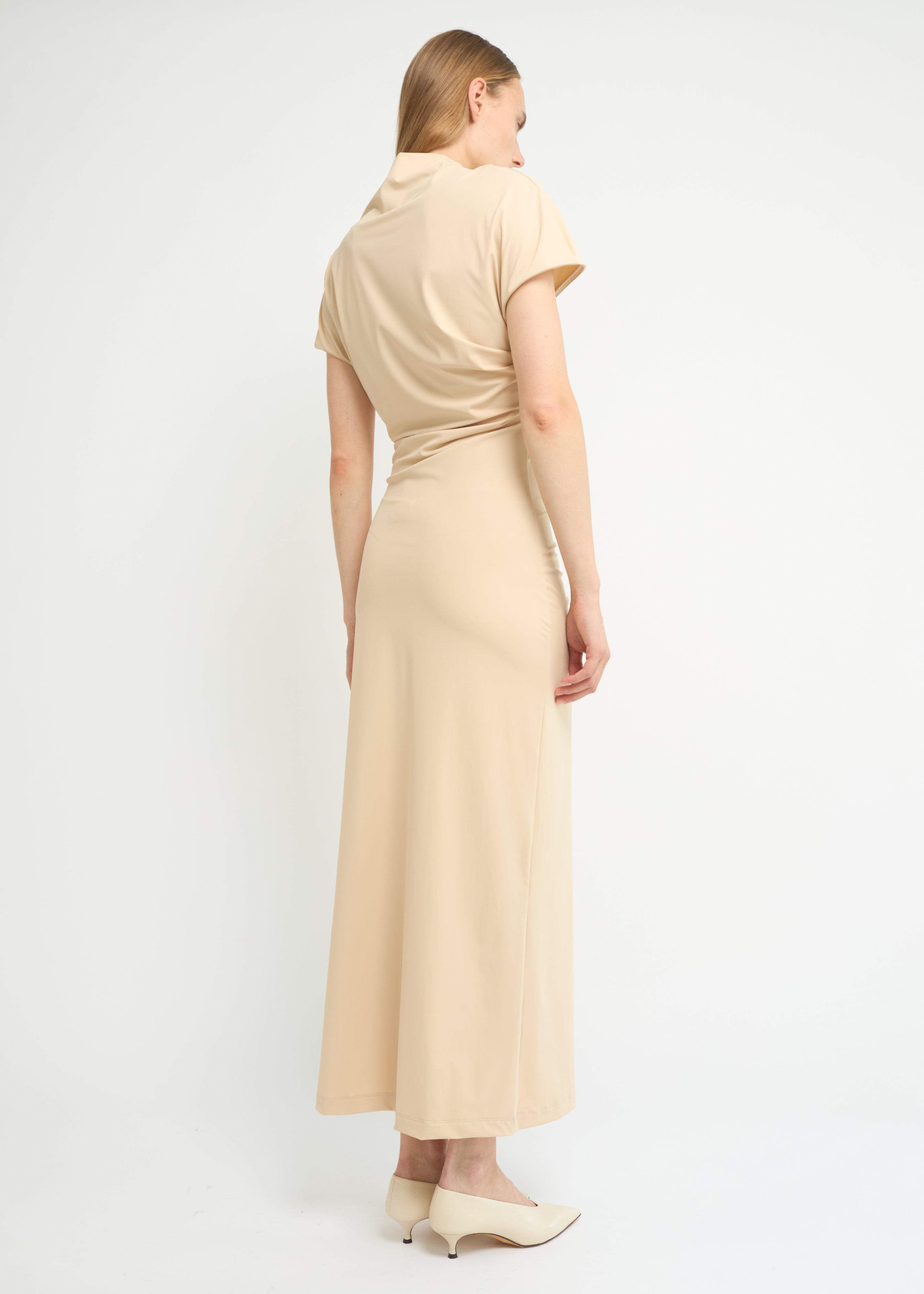 Sand cap-sleeve ankle-length dress with a high mock neckline and soft waist folds