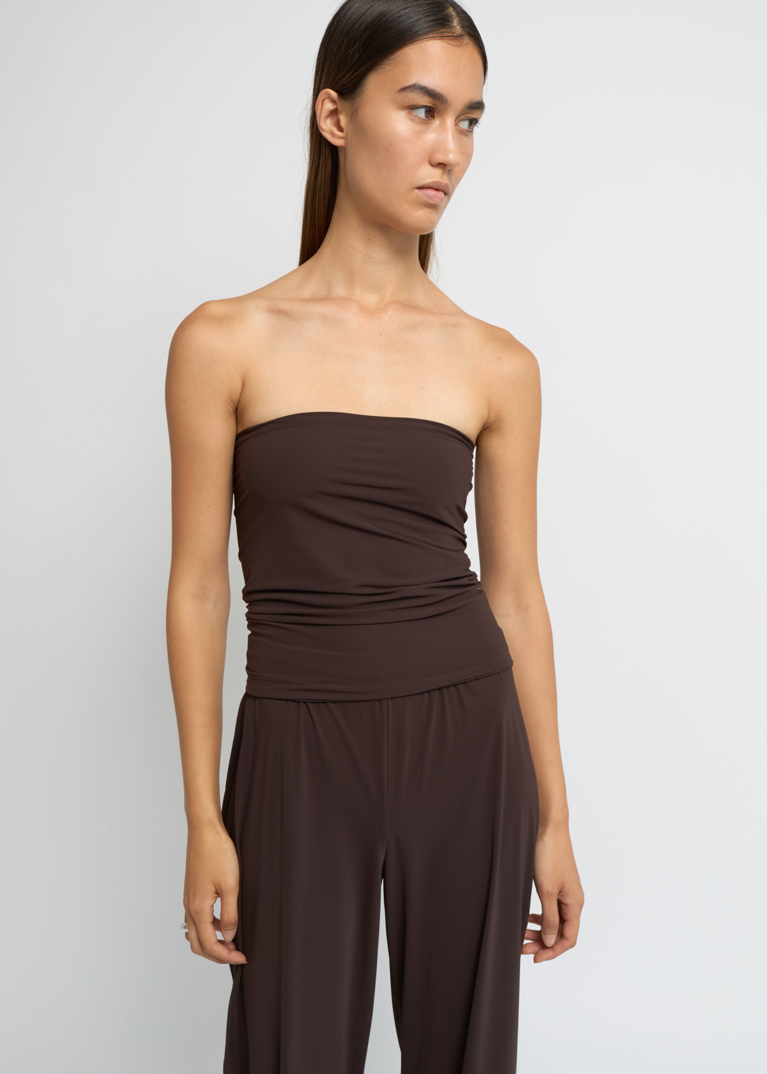 Cocoa strapless bandeau top with straight neckline and fitted silhouette