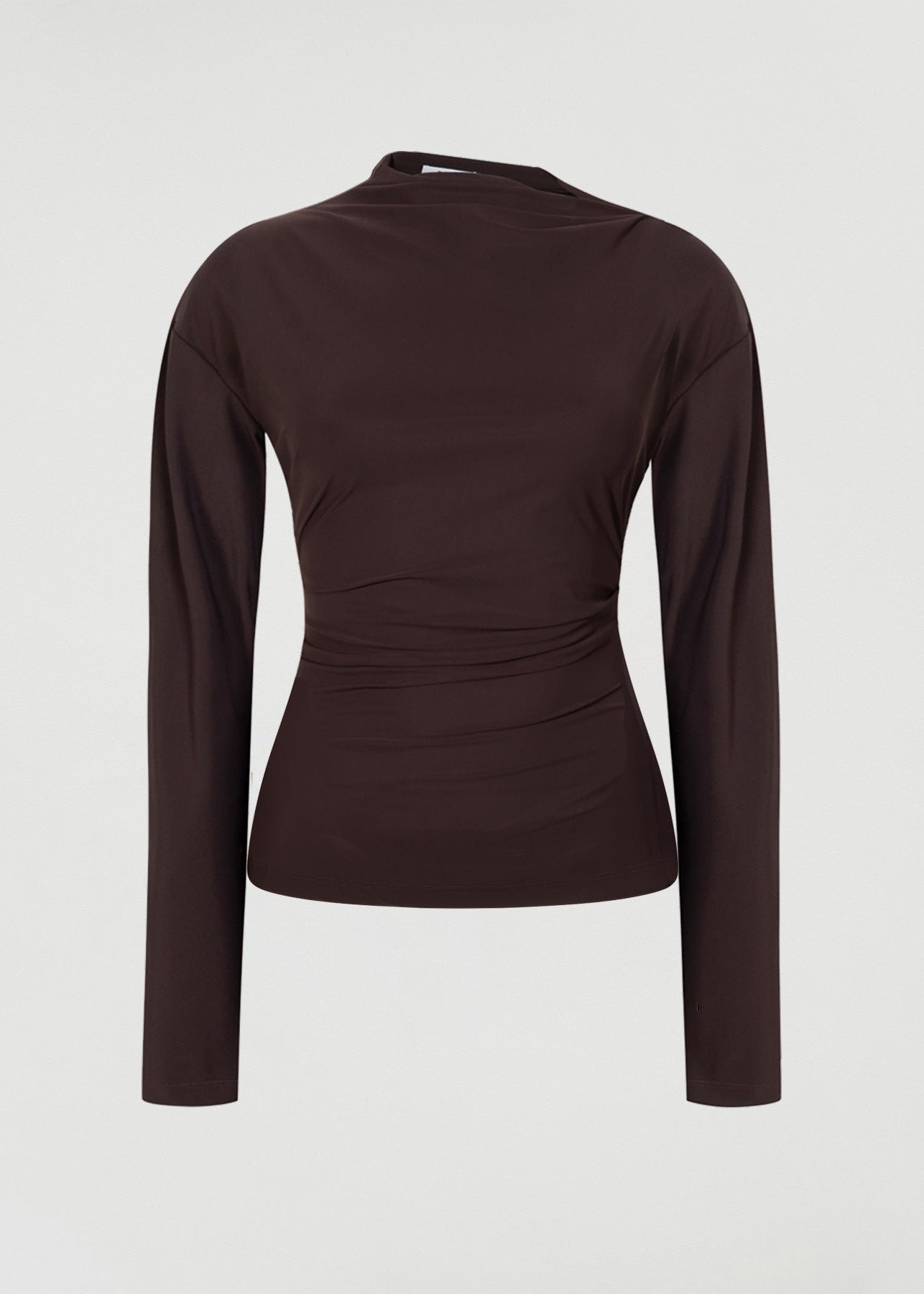 An asymmetric longsleeve top in cocoa color with a high neckline and side waist folds.