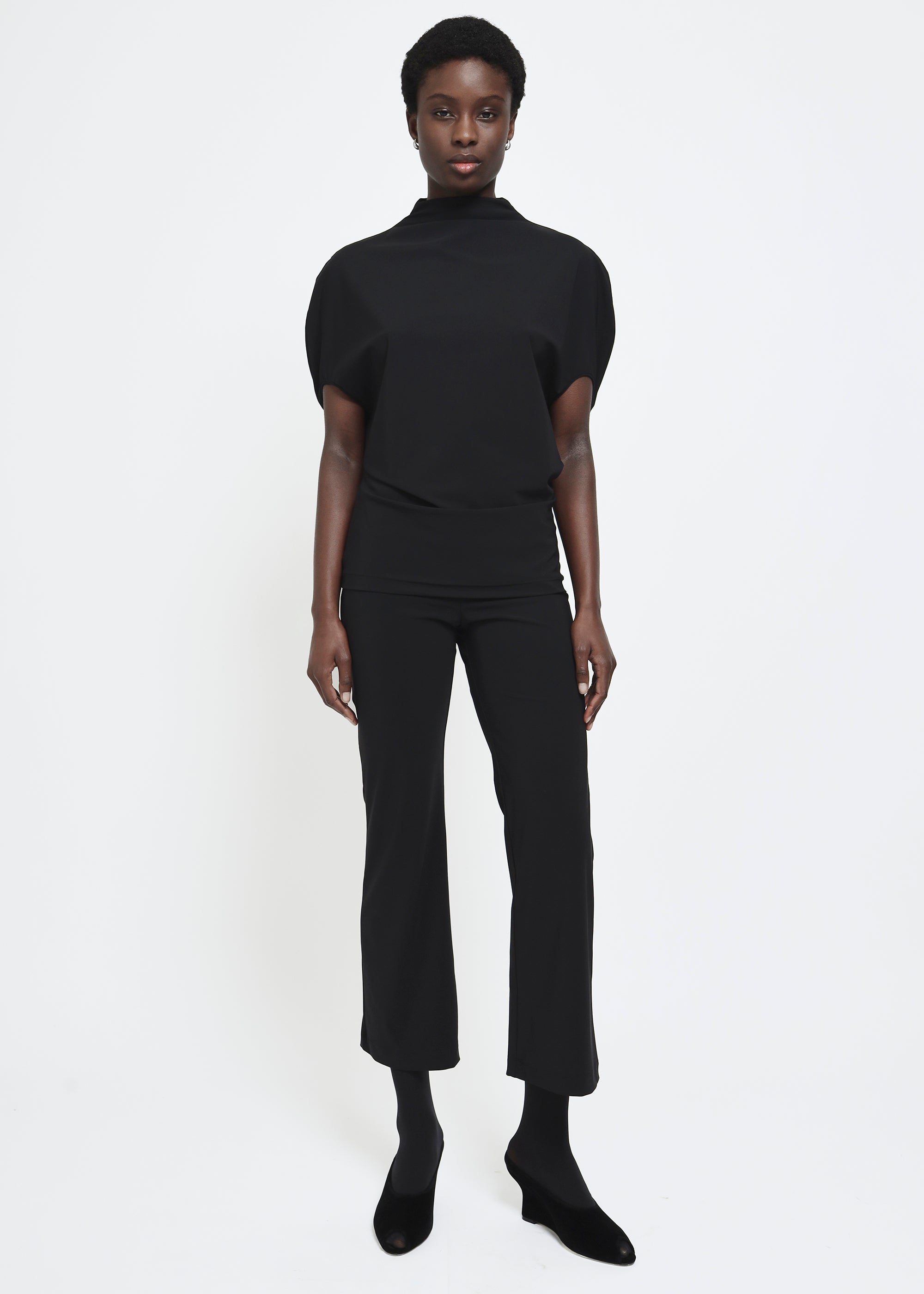 Black cropped kick flare trousers elastic waistband pants.