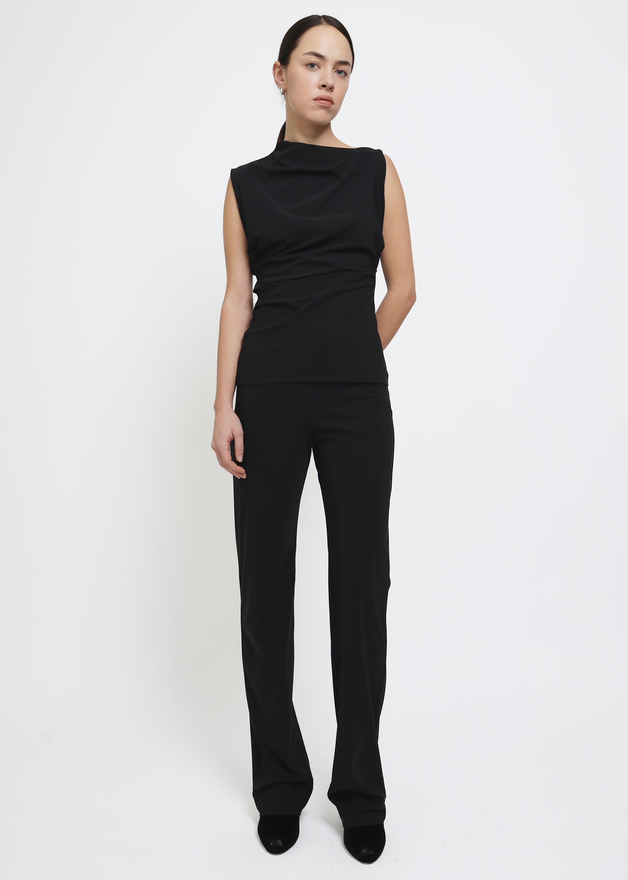 Black straight-leg pull on polyamide pants.