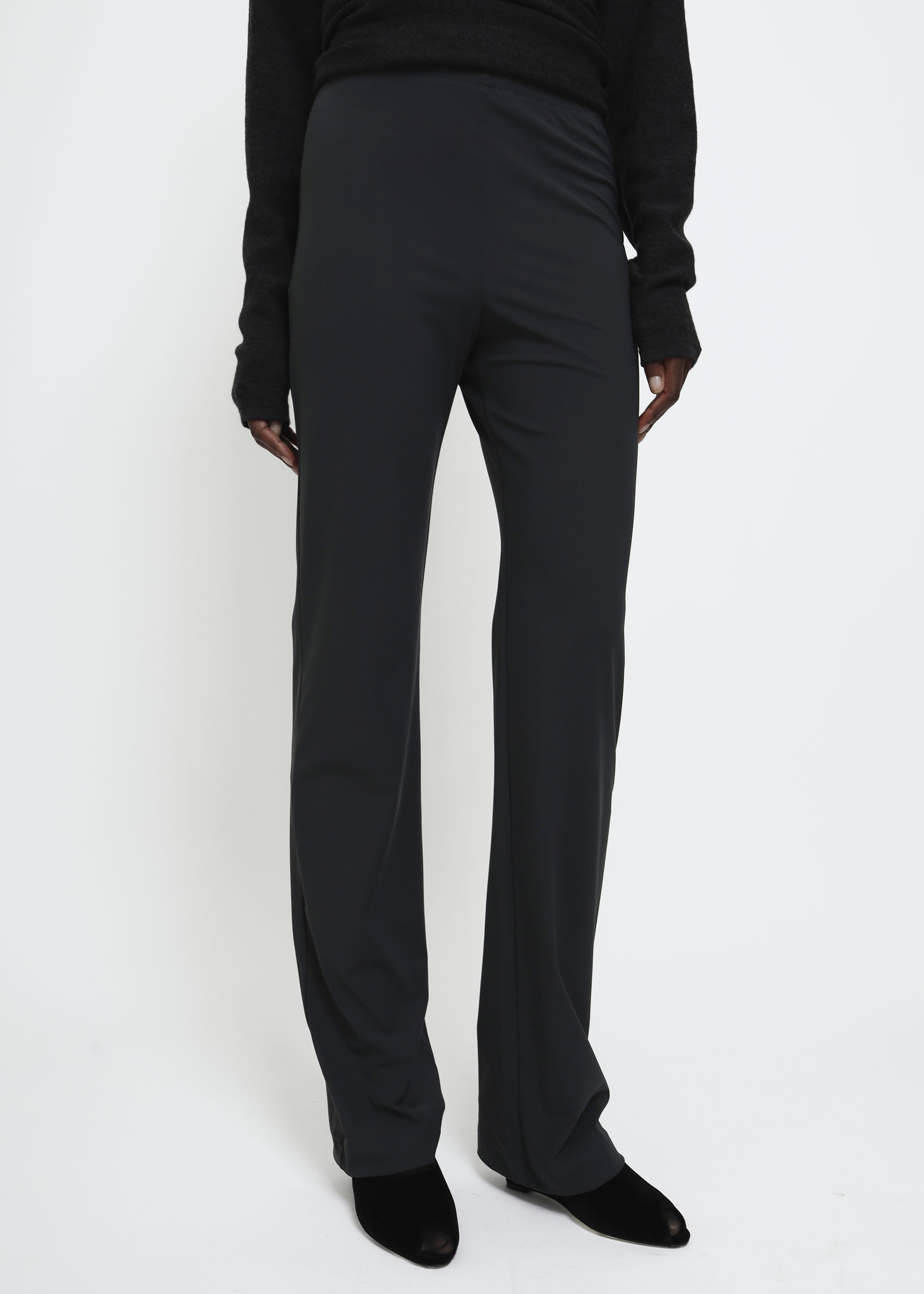 Dark gray straight-leg pull on polyamide pants.