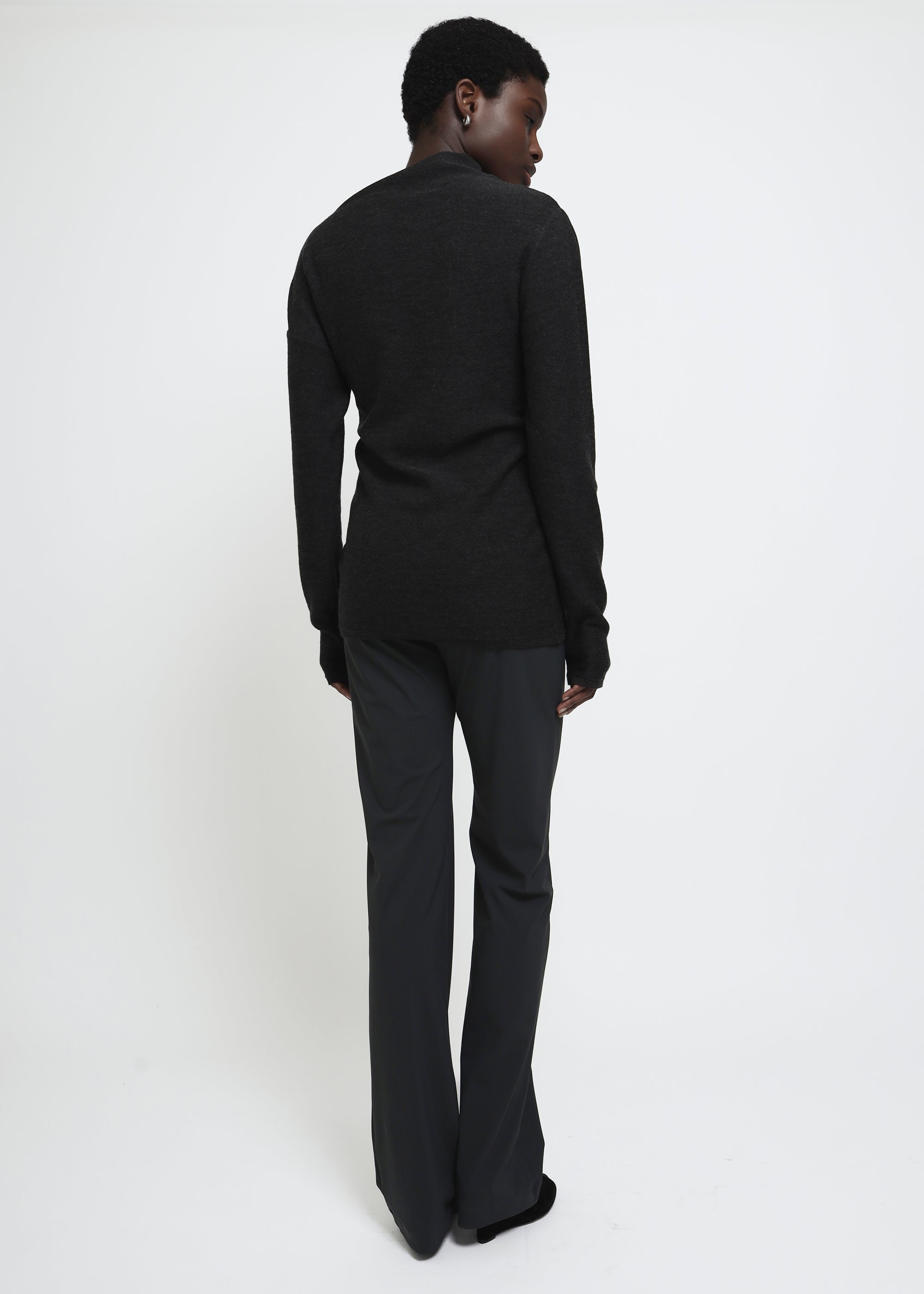 Dark gray straight-leg pull on polyamide pants.