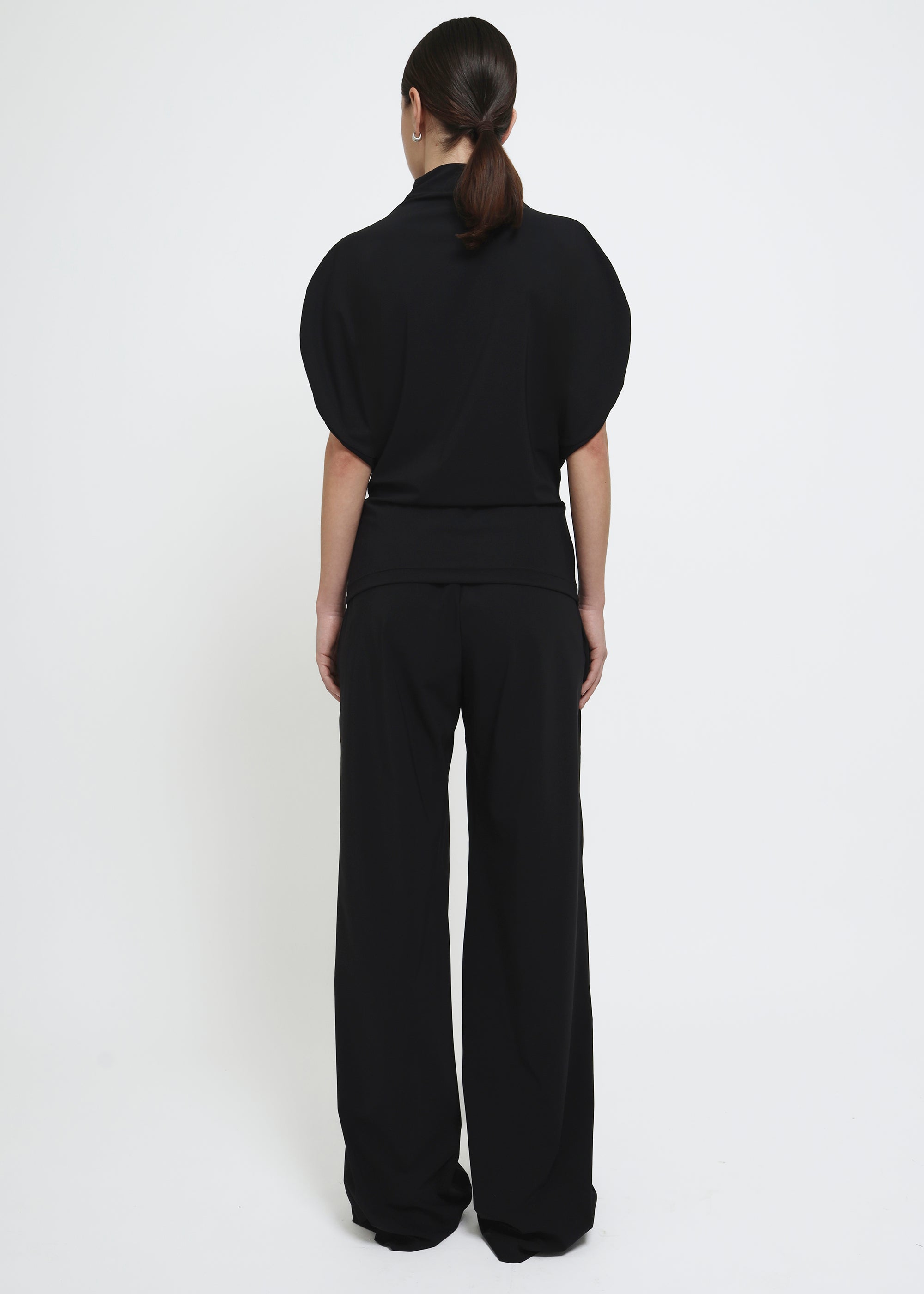 A black wide-leg pull on trousers.