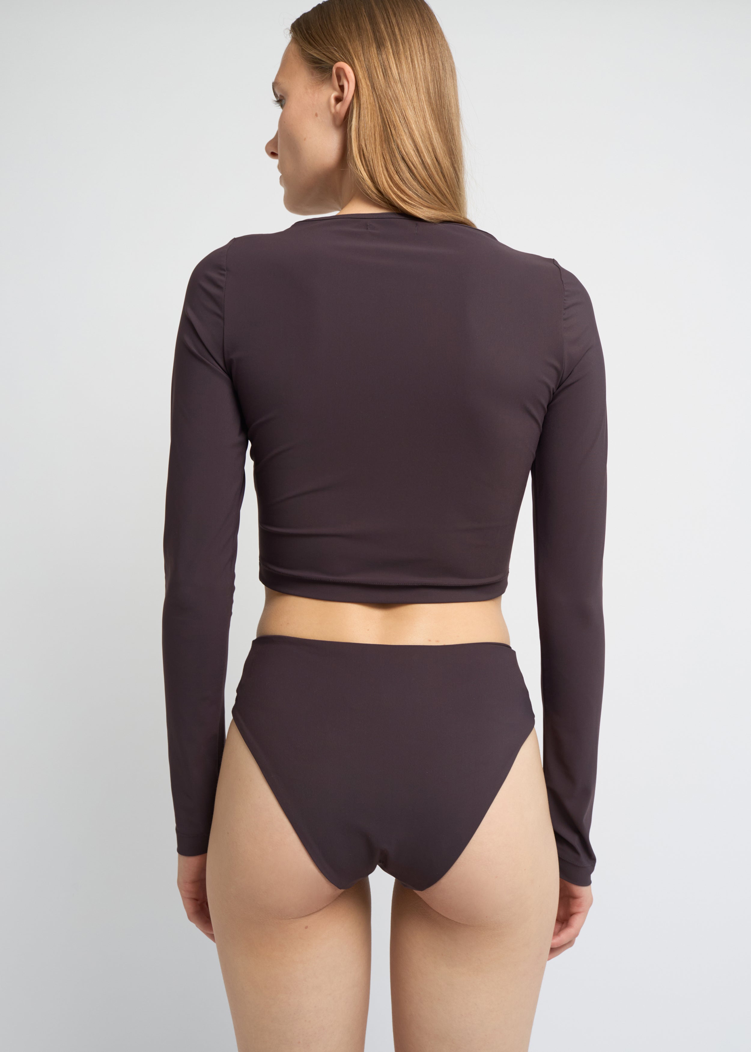 Fig cropped long-sleeve top with a boat neckline and fitted silhouette
