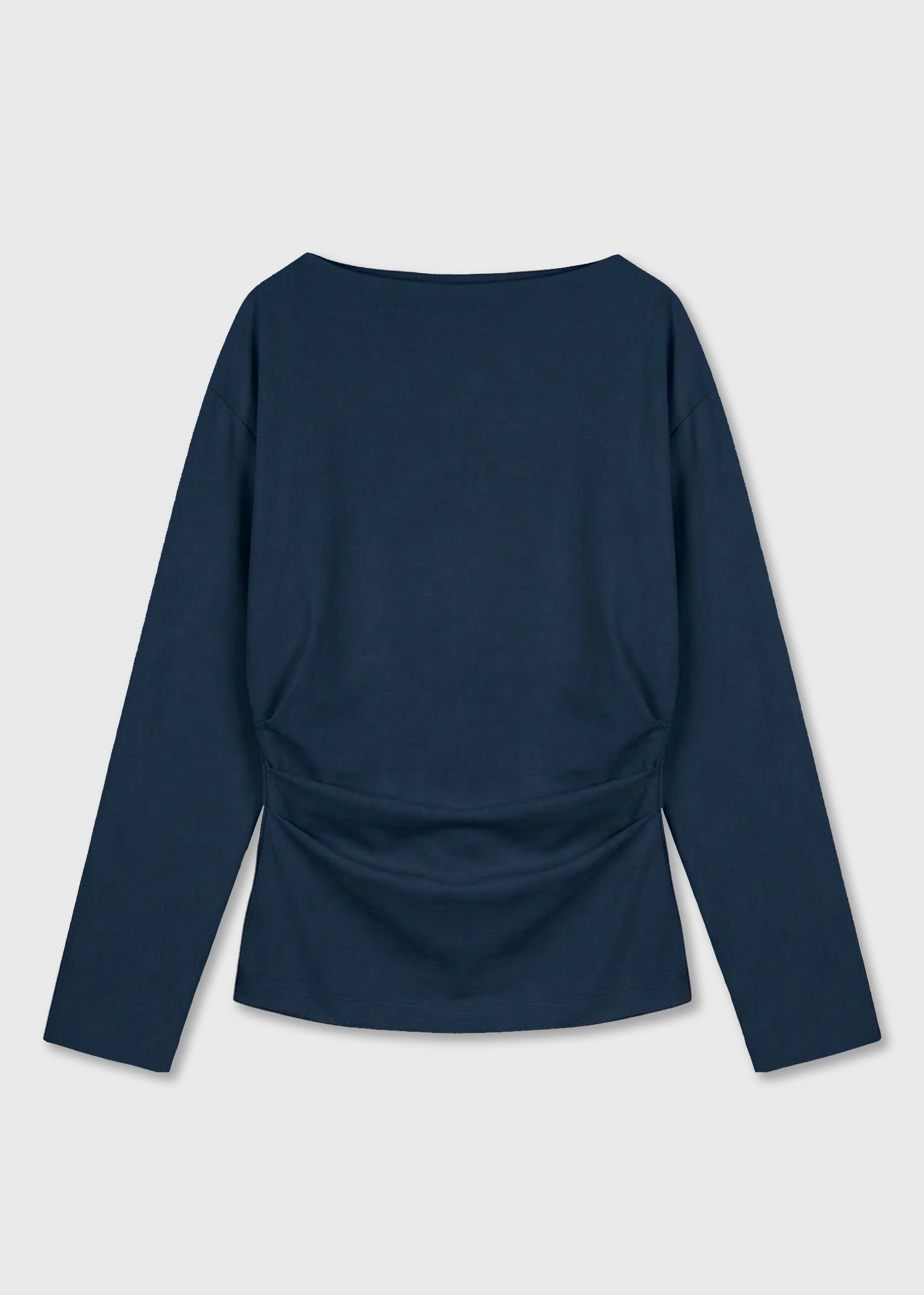A dark navy blue long-sleeve top with a wide boat neckline and a gathered, ruched waist detail.