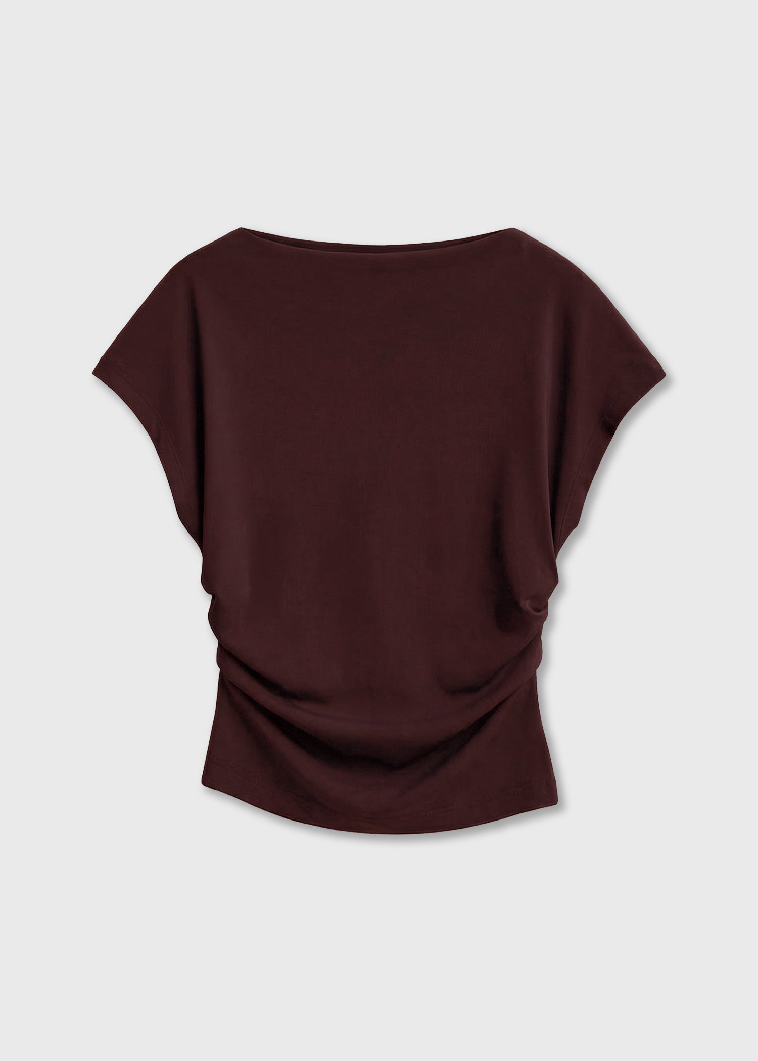 A dark burgundy short-sleeve top with a draped, slouchy design.