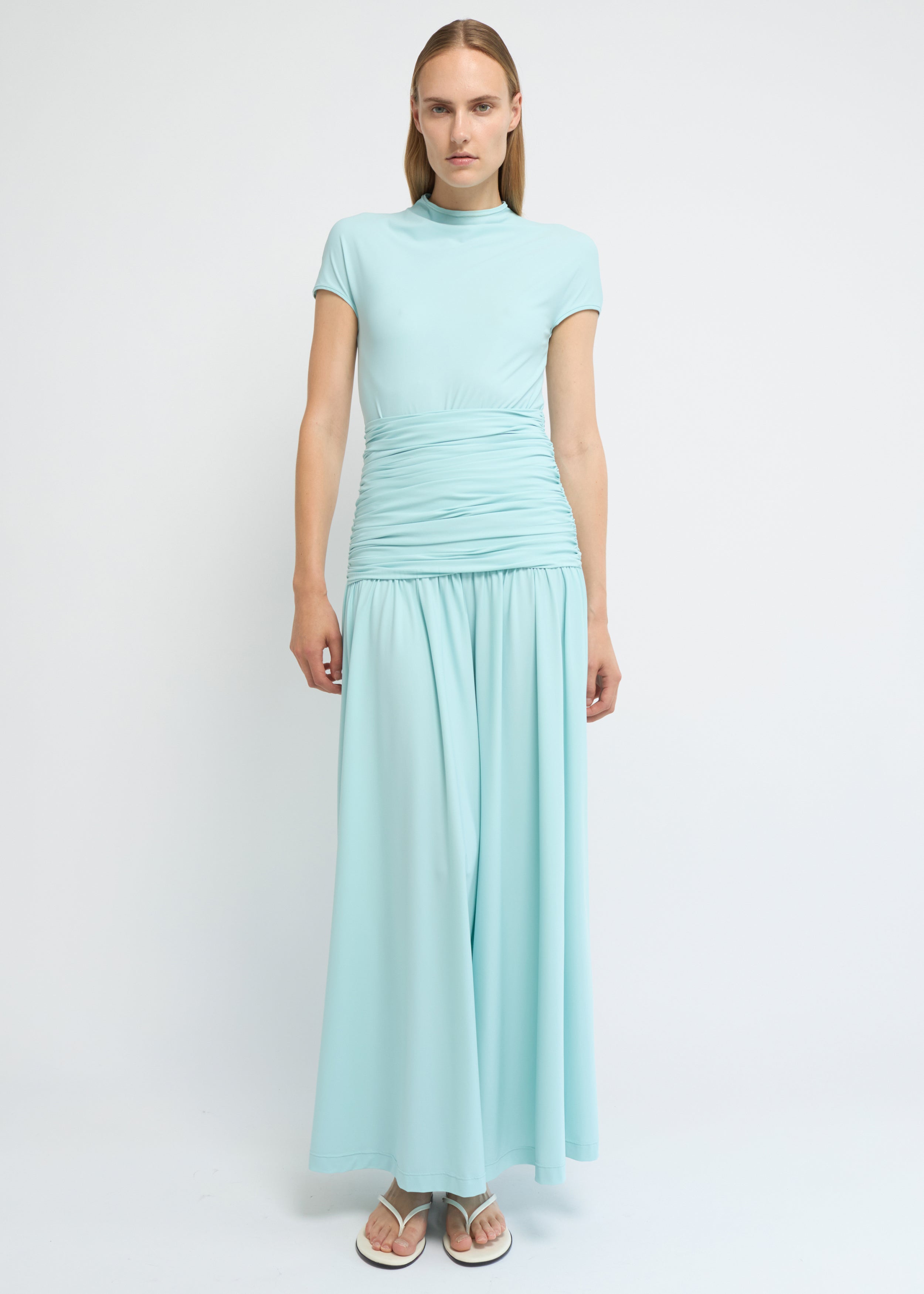 Sky ankle-length dress with cap sleeves, high neckline and softly gathered waist