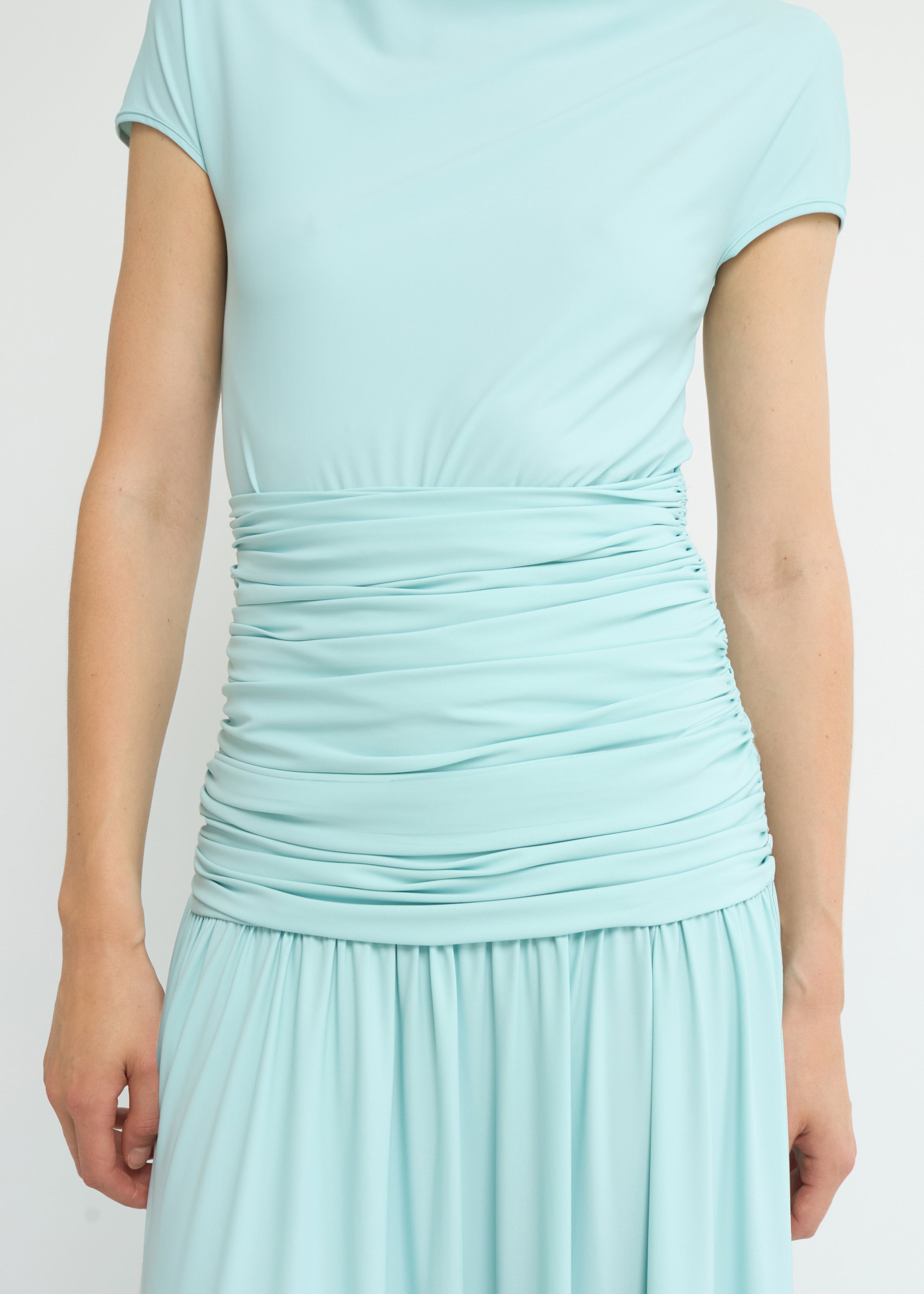 Sky ankle-length dress with cap sleeves, high neckline and softly gathered waist