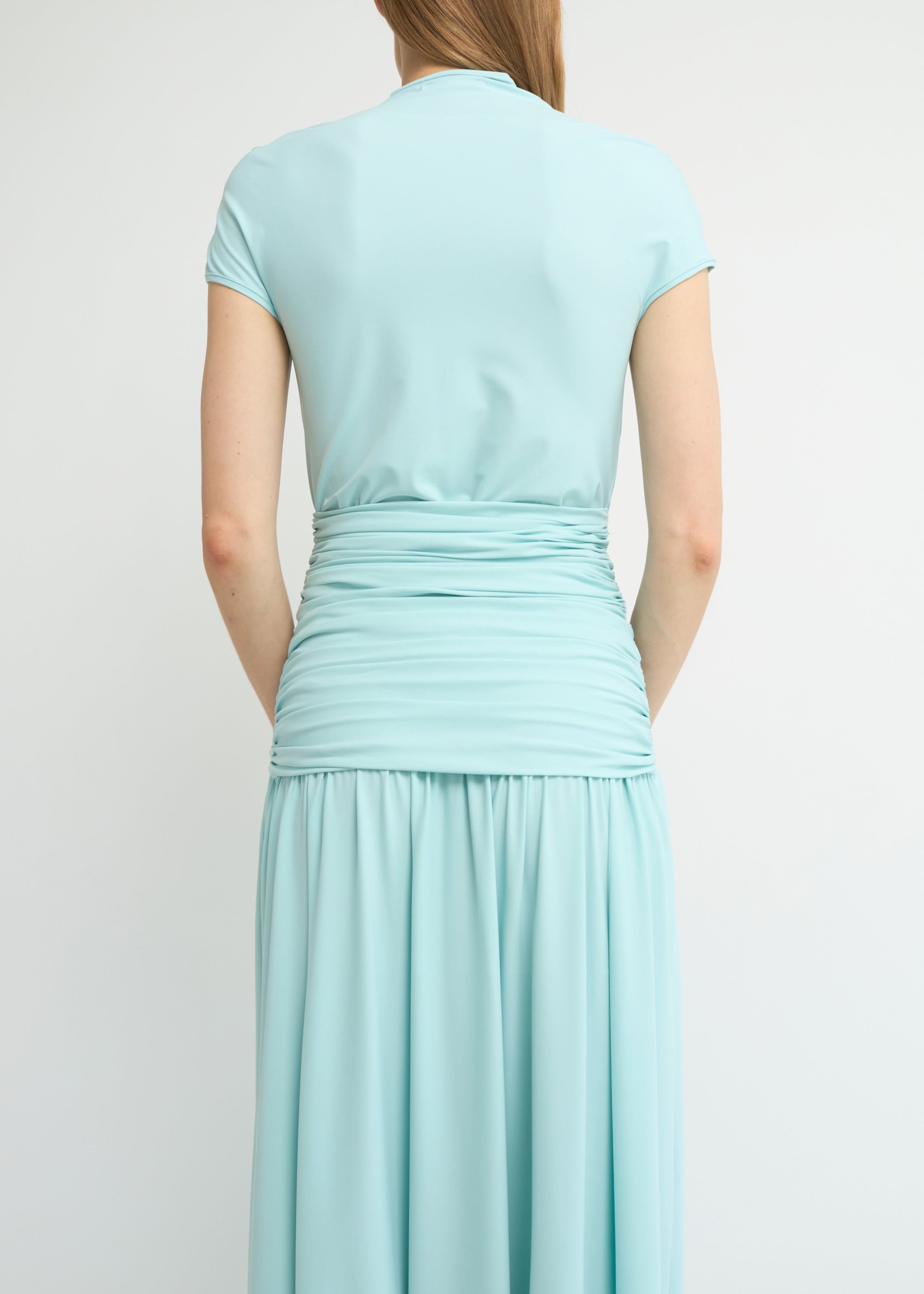 Sky ankle-length dress with cap sleeves, high neckline and softly gathered waist