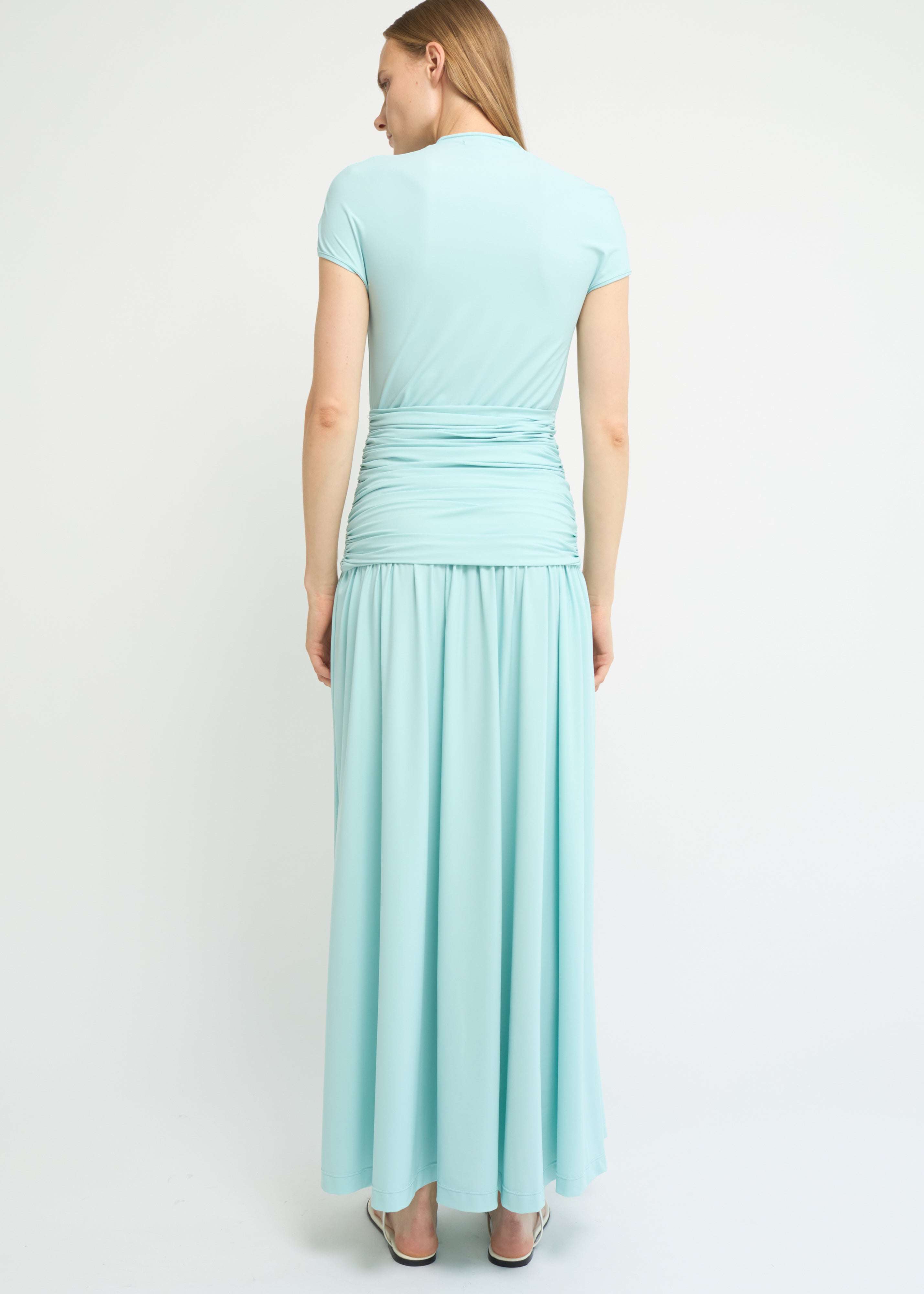 Sky ankle-length dress with cap sleeves, high neckline and softly gathered waist