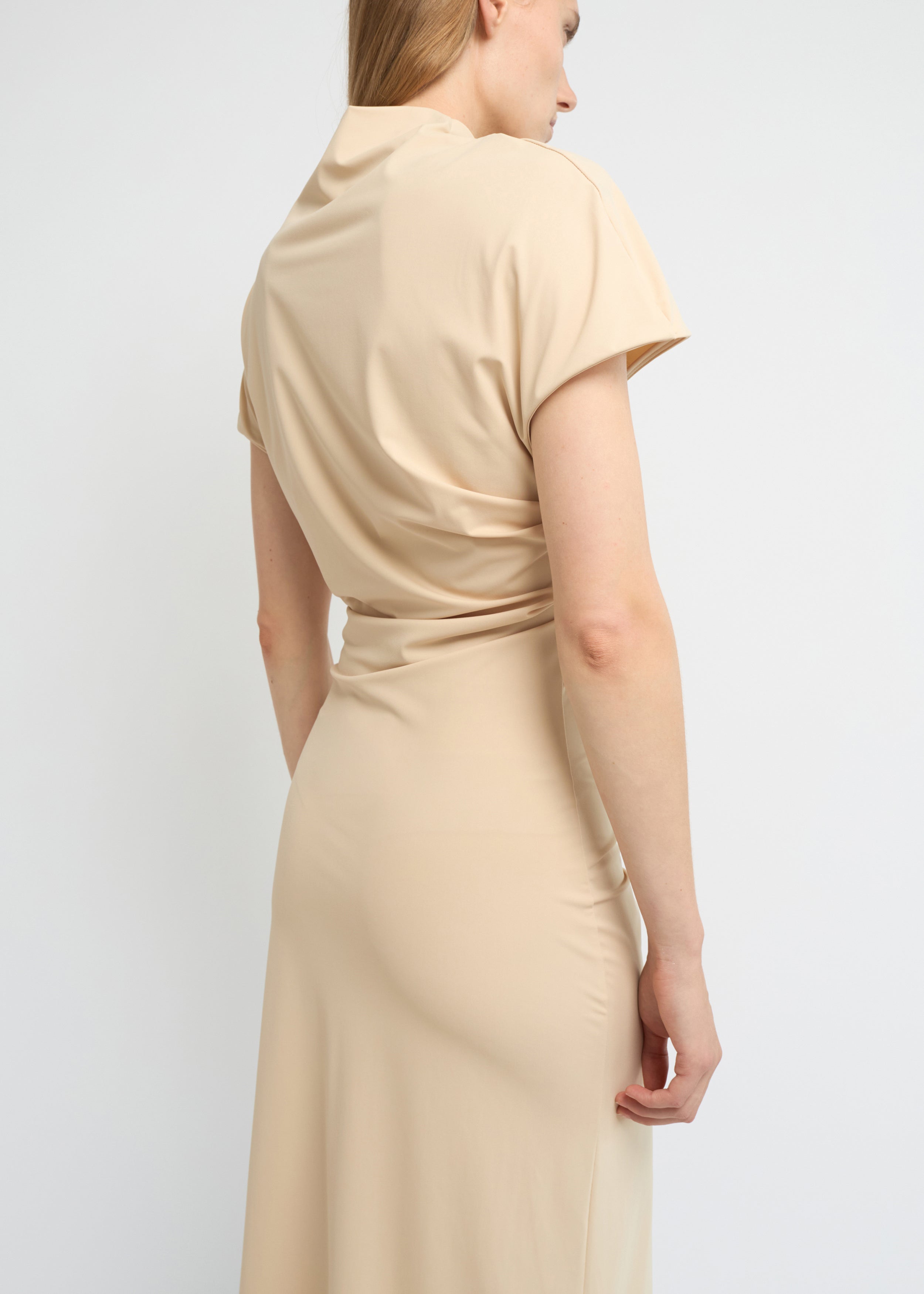 Sand cap-sleeve ankle-length dress with a high mock neckline and soft waist folds