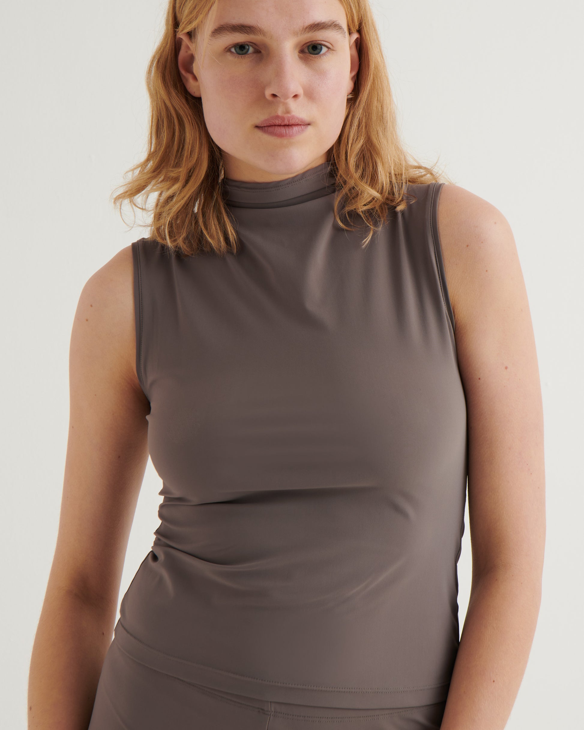 Sleeveless cowl neck top, Taupe