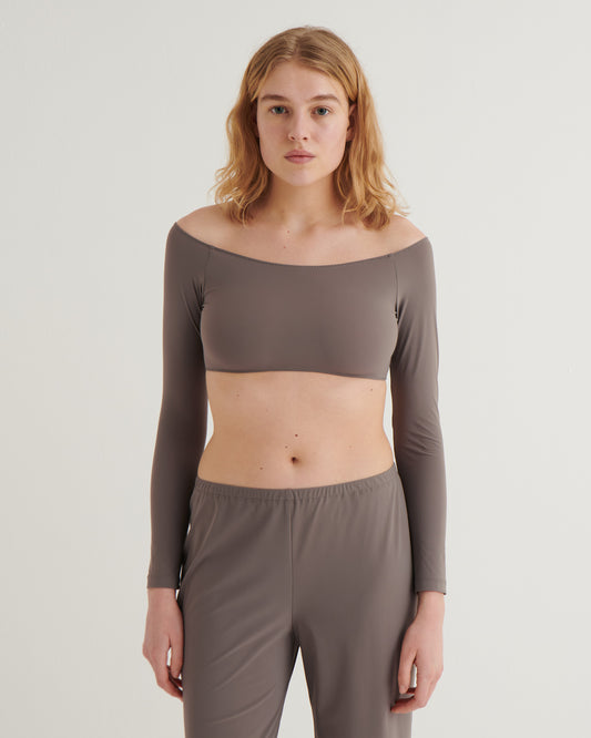Cropped off shoulder top, Taupe